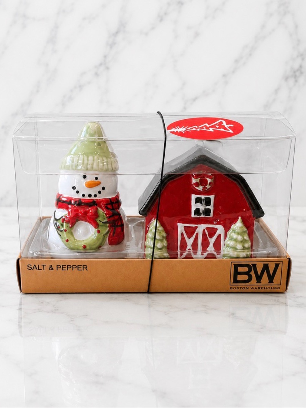 Boston Warehouse Holiday Snowman & Red Barn Salt and Pepper Set